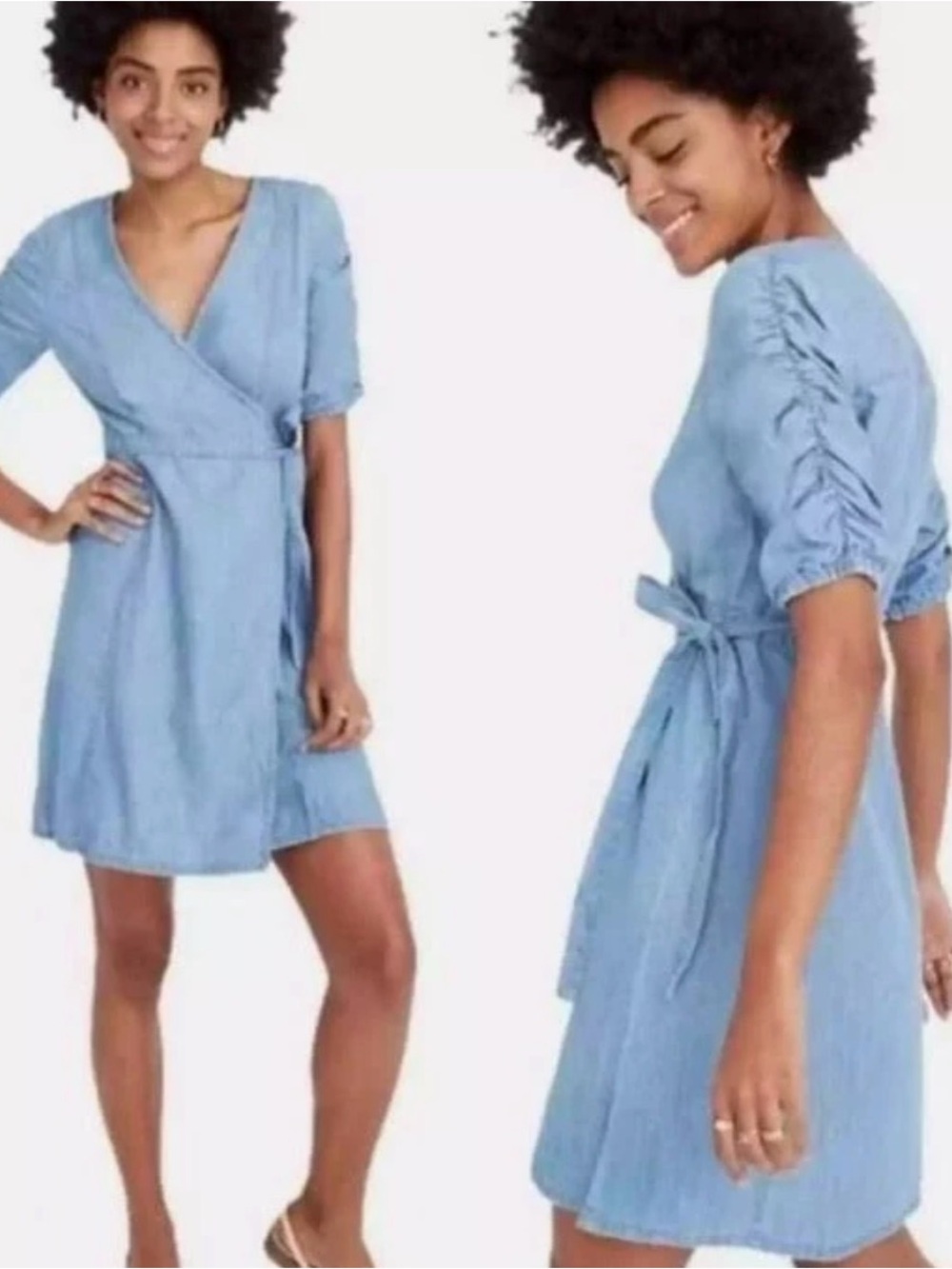 Madewell Denim Shirred-Sleeve Wrap Dress Elsworth Wash K9318 XXS VGUC